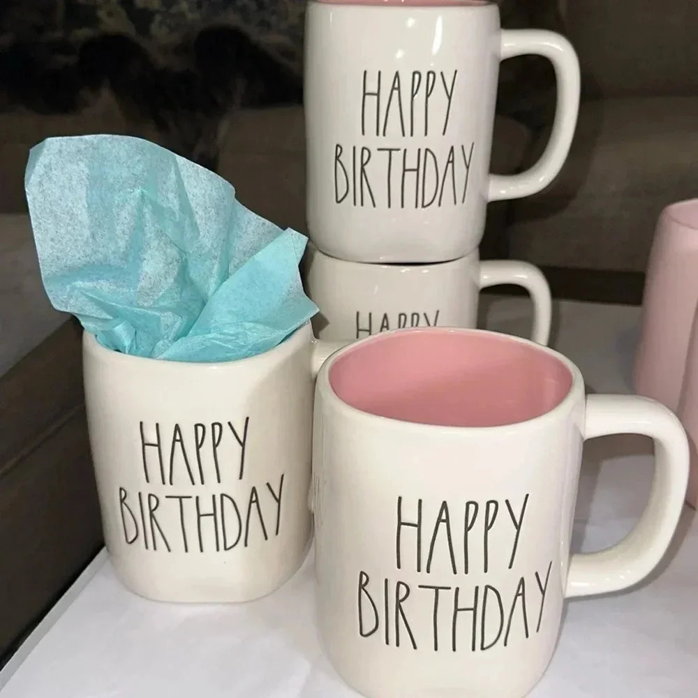 NWT SET of 2 Rae Dunn HAPPY BIRTHDAY ceramic coffee/tea mug/cup pink interior